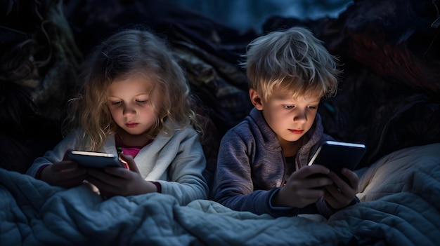 Two children using smartphones in a dimly lit room with fairy lights conveying technology use at a young age