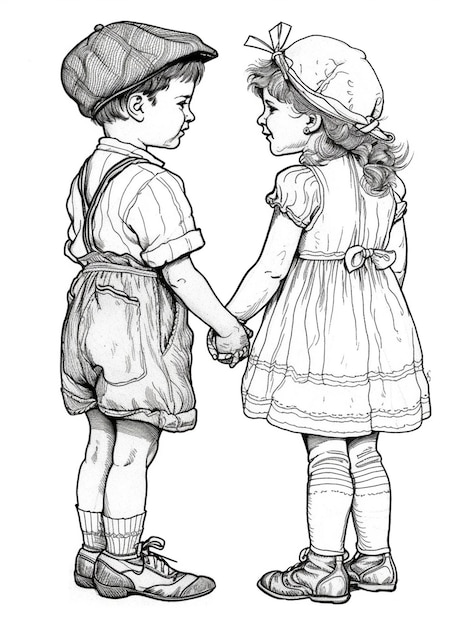 Photo two children in vintage clothing holding hands outdoors smiling at each other on a sunny day