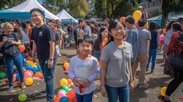 Two children walk through a crowd at a fair with a colorful balloon.