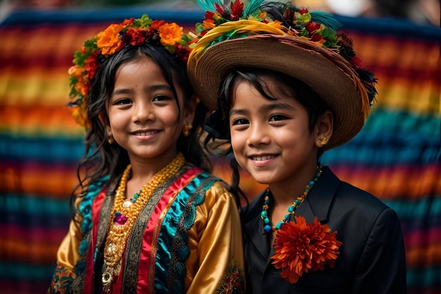 two children wearing colorful costumes and one has a hat that says quot the word quot on it