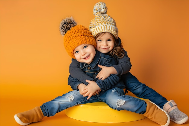 Photo two children wearing hats one wearing a yellow background with the other wearing a hat that says  the word  on it