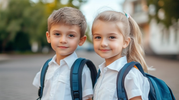 Photo two children wearing school uniforms and backpacks