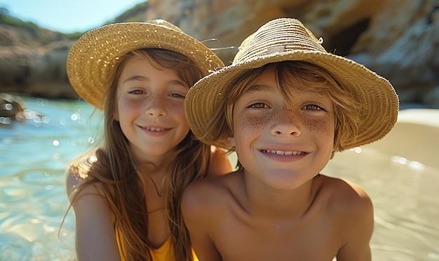 two children wearing straw hats one wearing a yellow tank top and the other wearing a hat that says