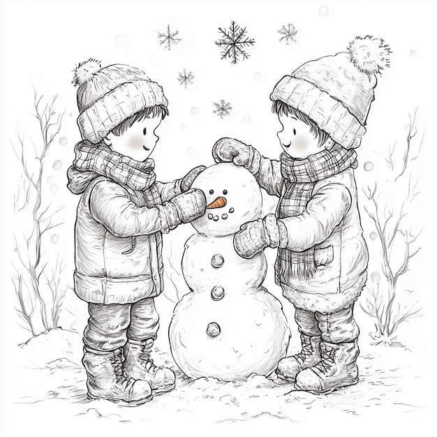 Photo two children in winter clothing building a snowman with falling snowflakes