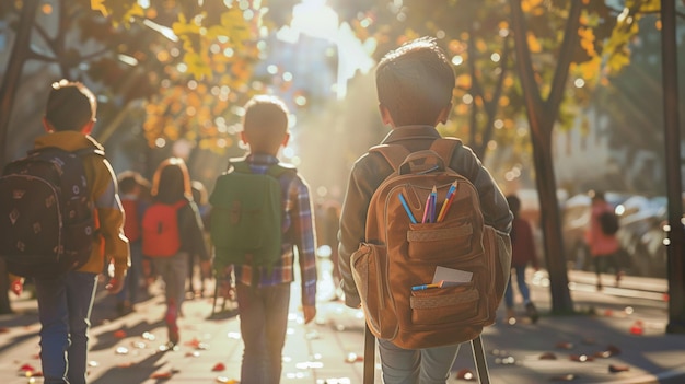 two children with a backpack walking down a street with the word v on it