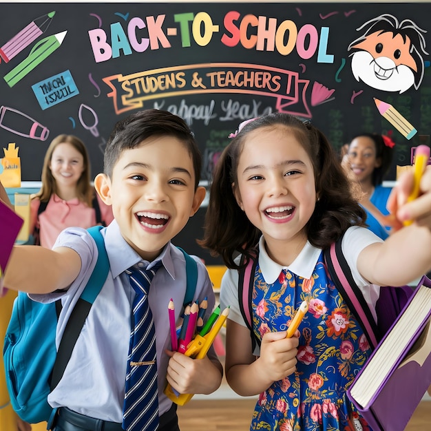 two children with backpacks and a chalkboard with the words back to school on it