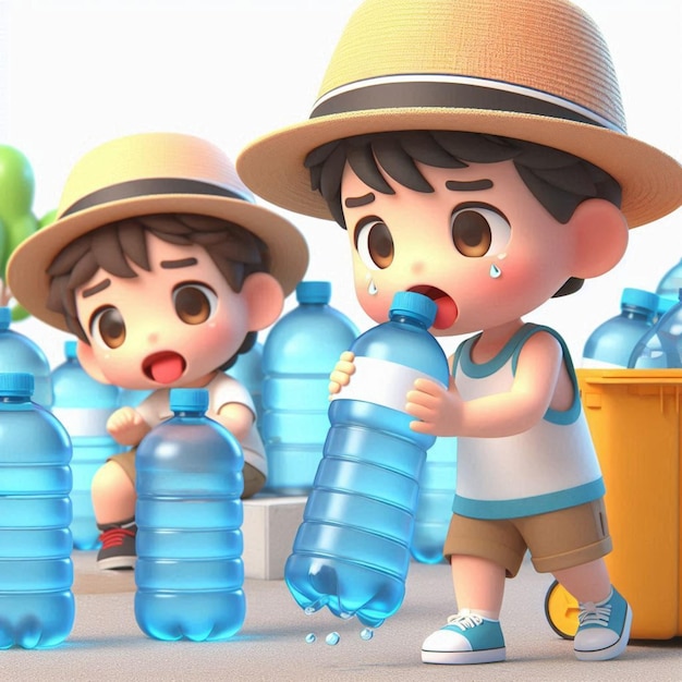 two children with a bottle of water that says the one is holding a bottle of water