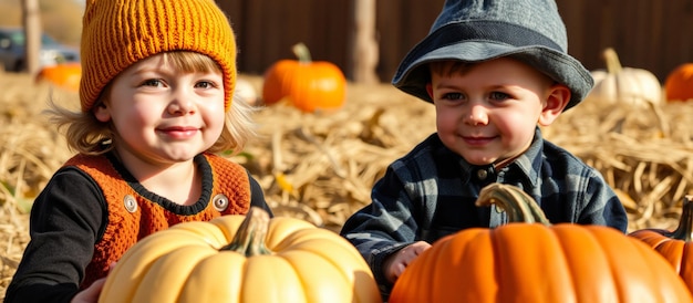 Photo two children with pumpkins