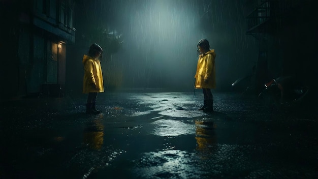 two children in yellow raincoats stand in the dark