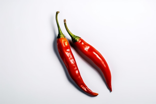 Two chili peppers are sitting on a white surface.