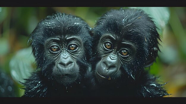 Photo two chimpanzees are pictured together one of which is a gorilla