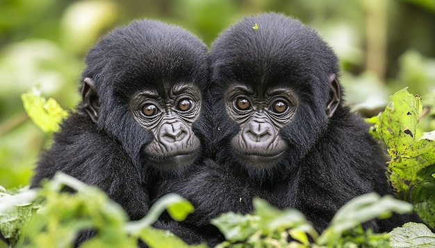 two chimpanzees are sitting together in the grass