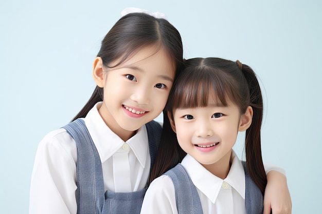 two Chinese schoolgirls in school uniforms isolated on the blue background