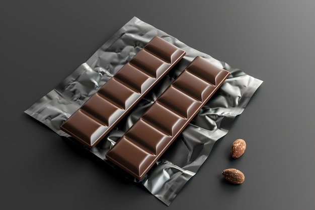 Two chocolate bars are wrapped in foil and placed on a black background