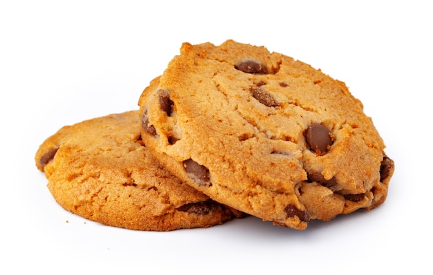 Two chocolate chip cookies isolated on white background