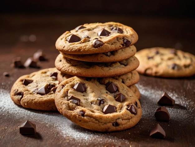 two chocolate chip cookies with chocolate chips on a table