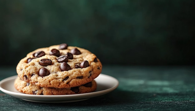 Two chocolate chip cookies with coffee beans on top on a white plate against a green background