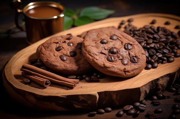 Two chocolate cookies on wooden plate with coffee