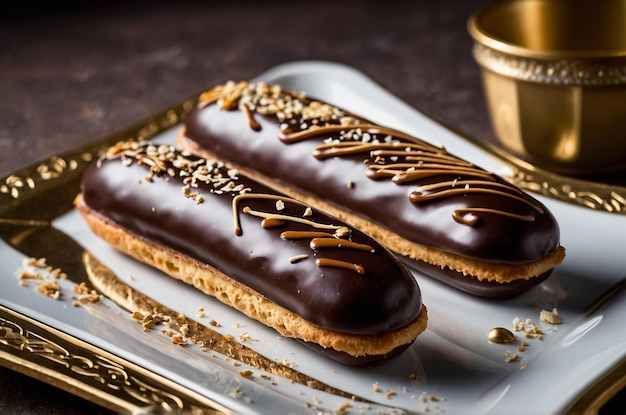 two chocolate covered donuts are on a tray with a cup of coffee