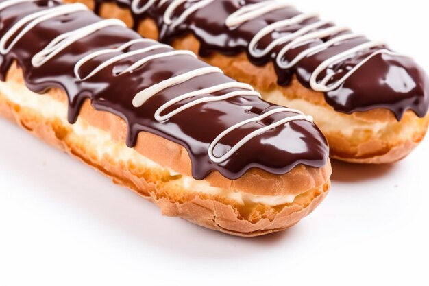 two chocolate covered donuts with white icing