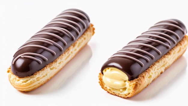 Photo two chocolate eclairs with vanilla cream filling on a white background