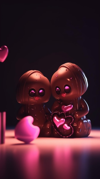 Two chocolate figurines with pink hearts and the word love on them