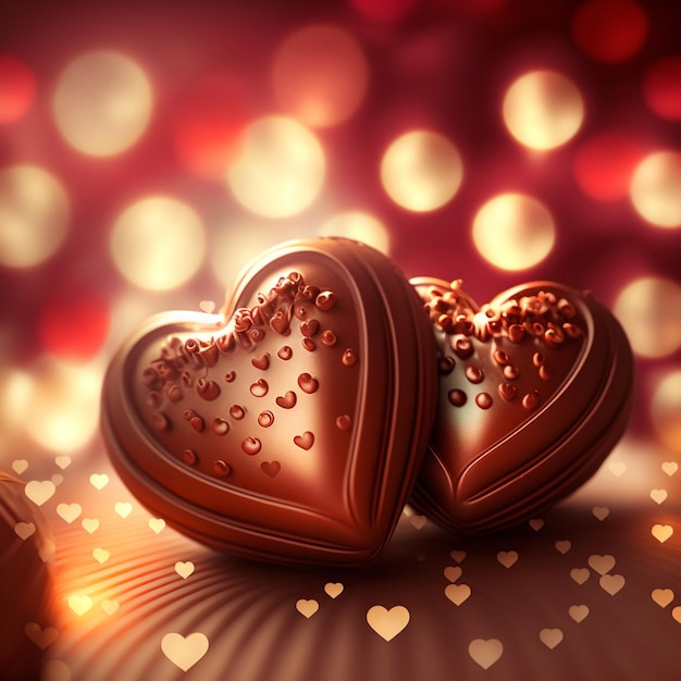 Two chocolate hearts are in front of a red background with lights.