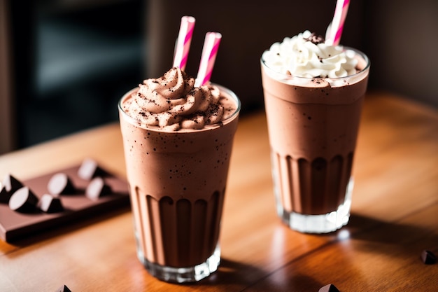 Two chocolate milkshakes on a table with chocolate pieces in the background