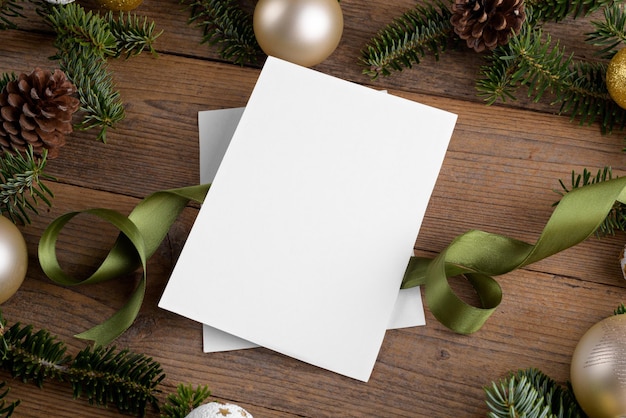 Two Christmas 5x7 card mockup template with fir twigs and Christmas decoration on wooden background