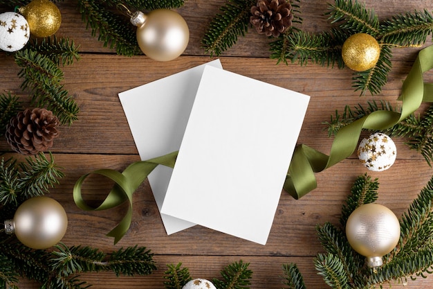 Two Christmas 5x7 card mockup template with fir twigs and Christmas decoration on wooden background