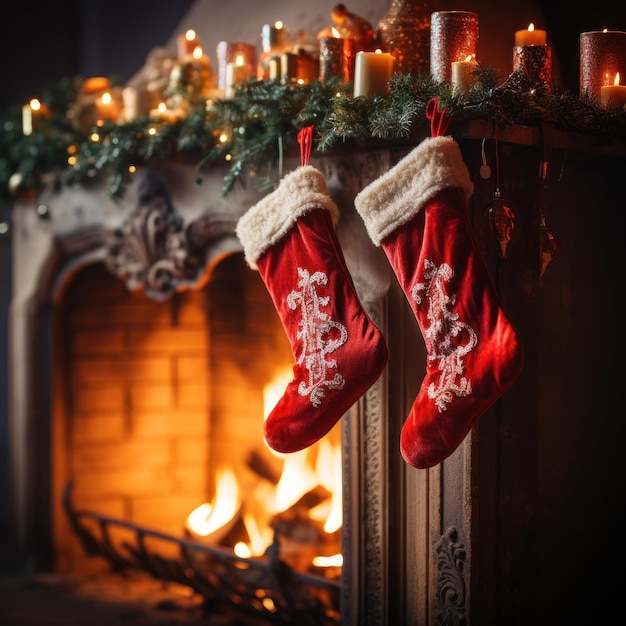 Two Christmas stockings hanging over the fireplace with candles