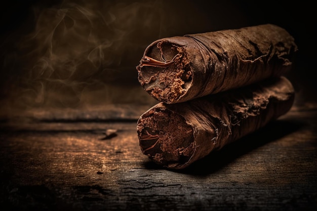 Two cigars on a wooden table with the word cigars on the bottom right.