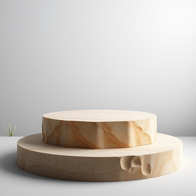 Two circular wooden podiums one on top of the other on a white background