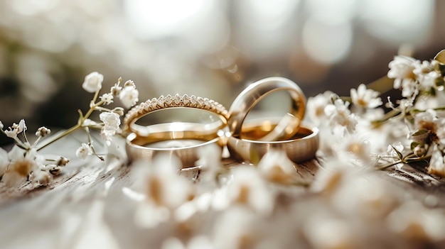 Two classic gold rings defocused background light surface surrounded flowers Wedding composition