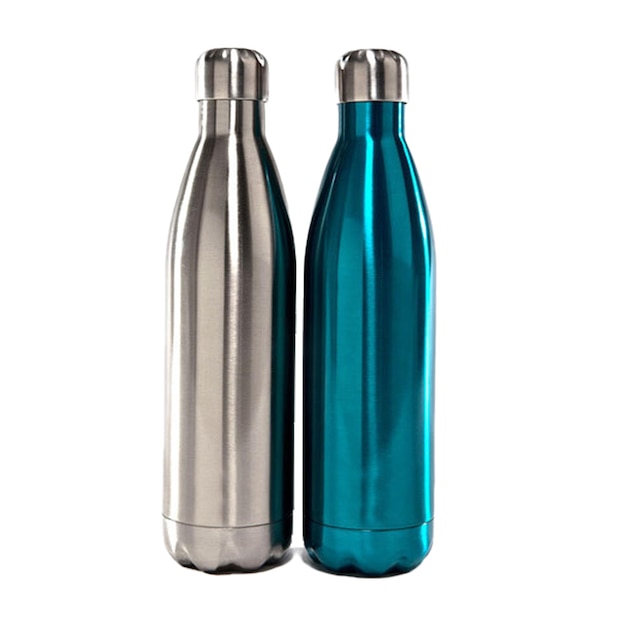 Photo two clear bottles with silver caps and a blue bottle