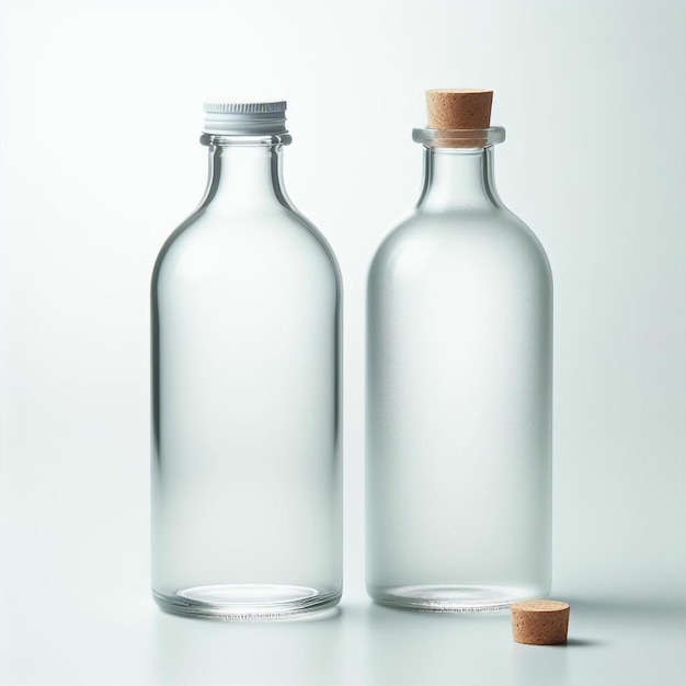 Photo two clear bottles with a wooden cap