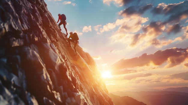 Two climbers ascend a steep rock face The setting sun casts a golden glow over the scene