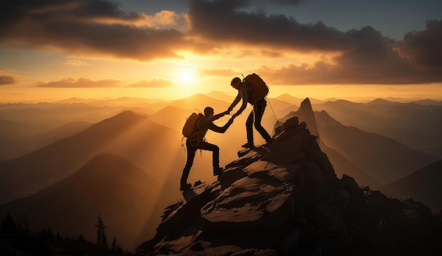 Two climbers helping each other to get to the top of the mountain sunset sunrise on the background