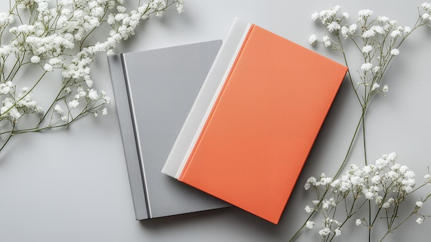 Photo two closed books with gray and coral covers lie on a white background with sprigs of white flowers on either side