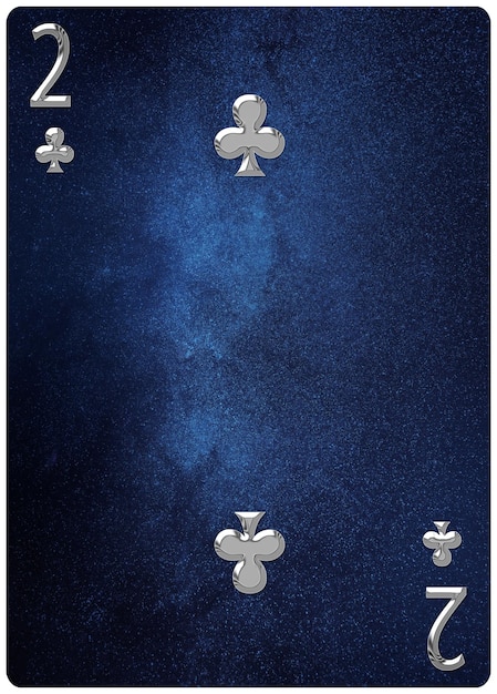 Two of Clubs playing card, space background, gold silver symbols, With clipping path.