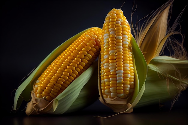 Two cobs of bicolor sweet corn in corn husks on black AI Generated