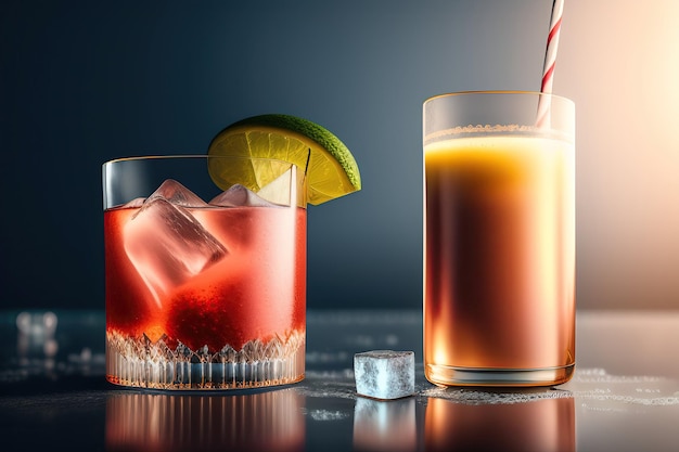 Two cocktails with a red cocktail and a glass of orange juice.