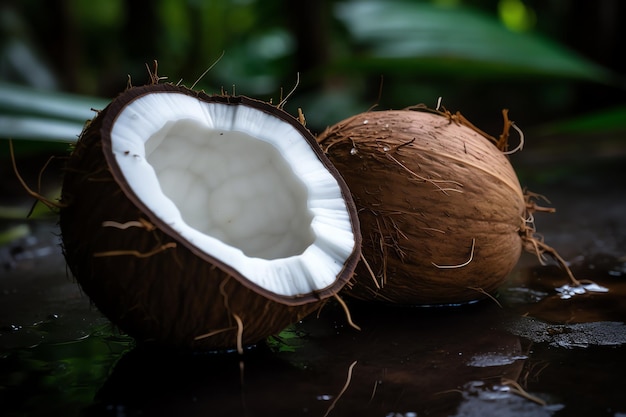 Two coconuts on a wet surface