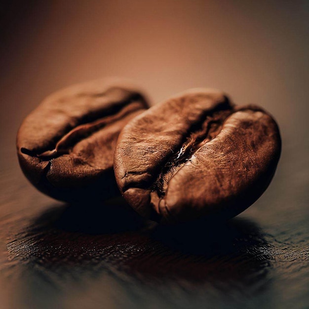 Two coffee beans are sitting on a table with a brown background.