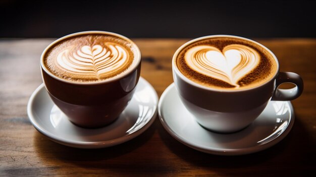 Two coffee cup with milk and art cafe wooden table