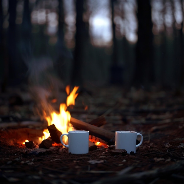 two coffee cups are on a fire in a forest