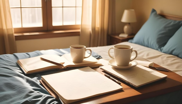 two coffee cups on a bed with a blue pillow and a book on the table