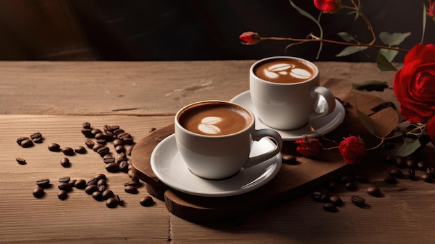 two coffee cups coffee beans and a romantic breakfast scene on Valentines Day adhering to a minimalist modern style