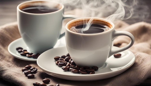 two coffee cups and a cup of coffee on a table