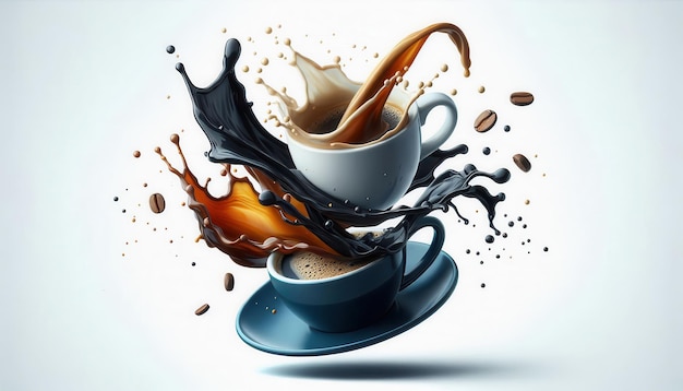 Photo two coffee cups one black and one white stacked and surrounded by a dynamic splash of coffee and mil